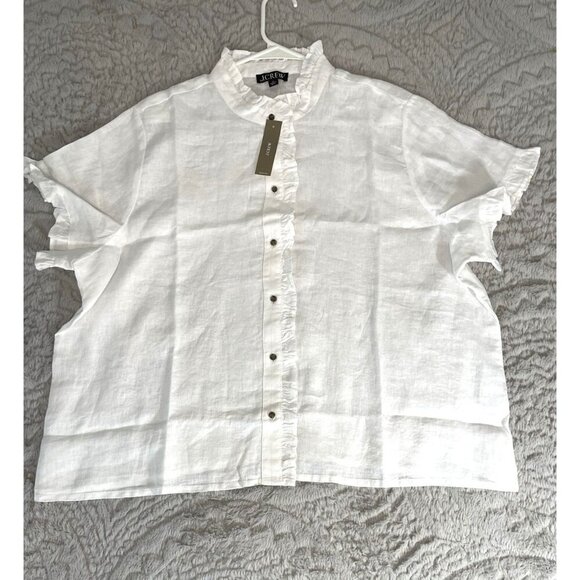J. Crew White Ruffle Trim Button Up Shirt In 100 % Linen Size 2X New Collared - Picture 2 of 6